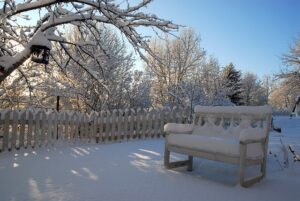 winter backyard with fence and snow